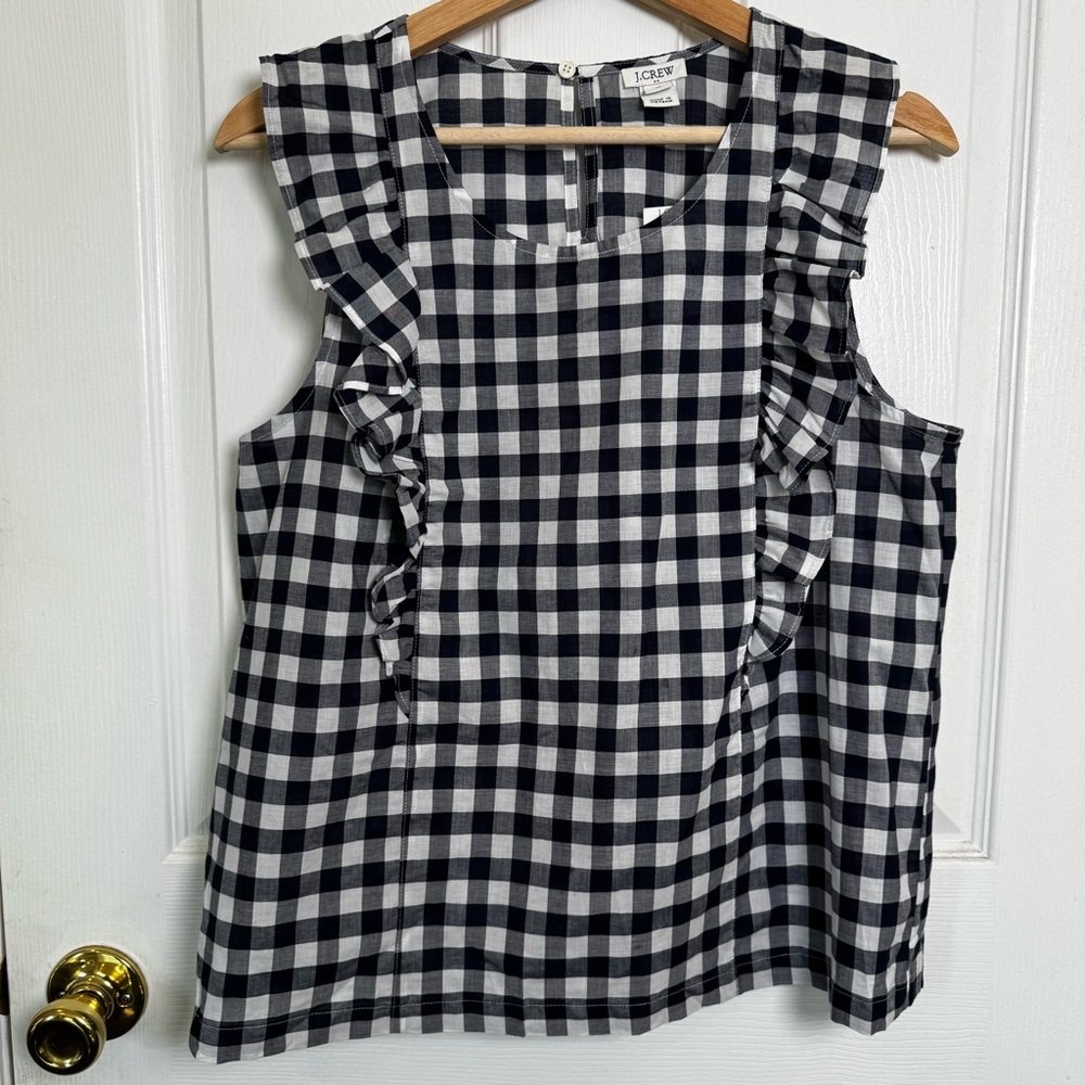 J.Crew Blue White Gingham Ruffle Sleeveless Top Size 12 NWT Classic Preppy